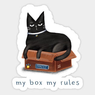 Cartoon black cat in a box and the inscription "My box - my rules". Sticker